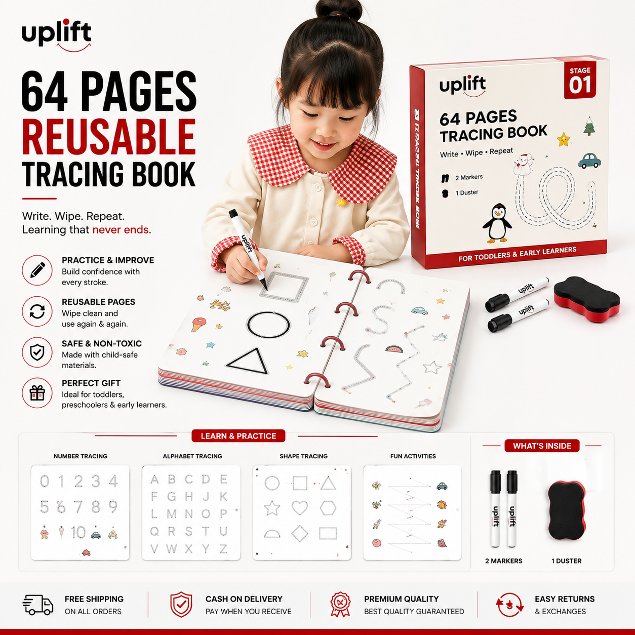 Uplift | 64 PAGES REUSABLE TRACING BOOK (2Markers & Duster Attached)